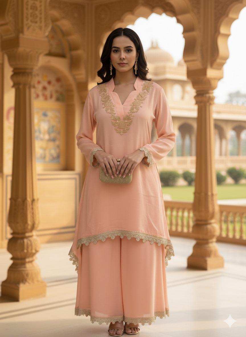 Blush peach cordset with Golden Lace Detailing