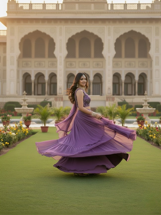 Royal Purple Designer Lehenga Choli with Layered Skirt & Ruffled dupatta