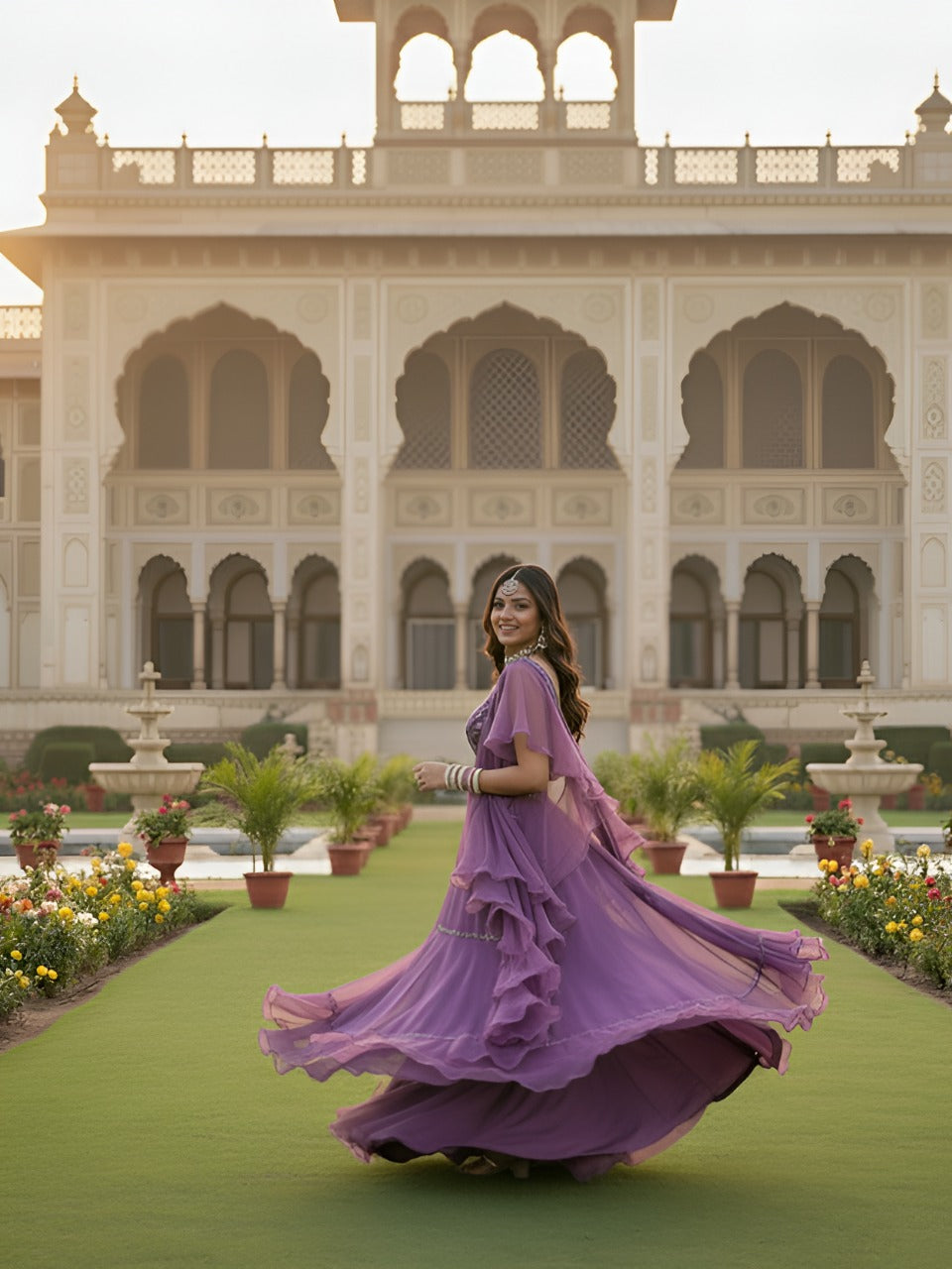 Royal Purple Designer Lehenga Choli with Layered Skirt & Ruffled dupatta