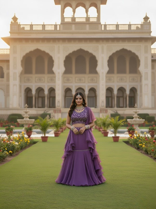 Royal Purple Designer Lehenga Choli with Layered Skirt & Ruffled dupatta