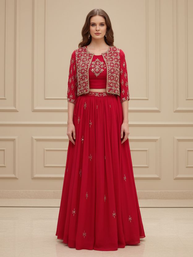 Red regal red embroidered lehenga with crop and jacket