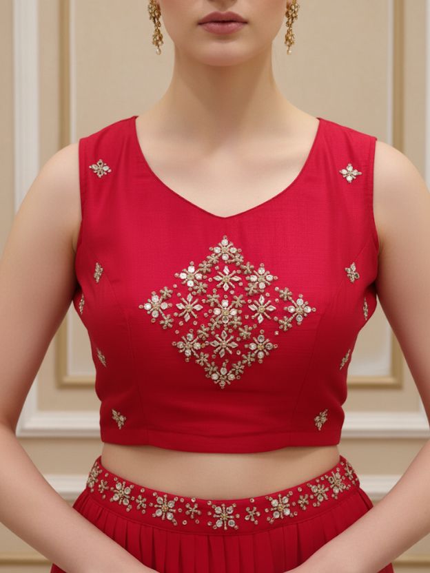 Red regal red embroidered lehenga with crop and jacket