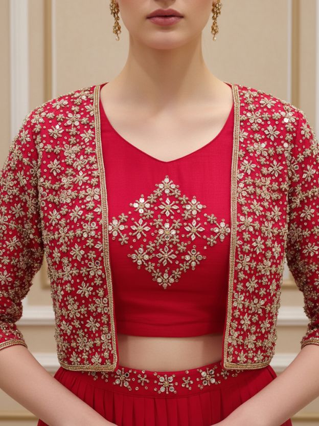 Red regal red embroidered lehenga with crop and jacket
