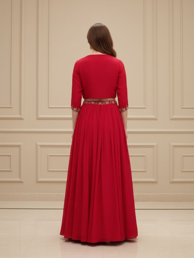 Red regal red embroidered lehenga with crop and jacket