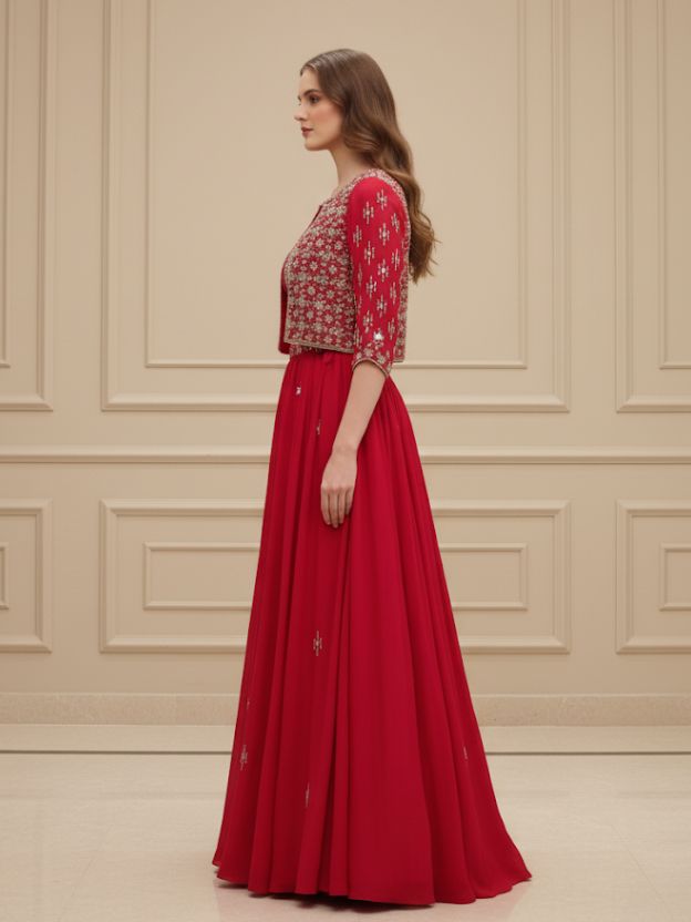 Red regal red embroidered lehenga with crop and jacket