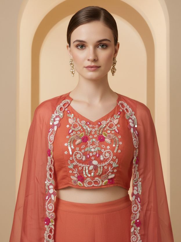 Orange Embellished Palazzo Suit with Cape