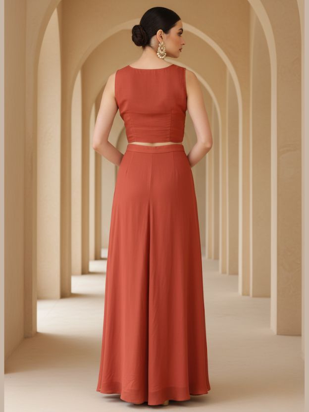 Orange Embellished Palazzo Suit with Cape