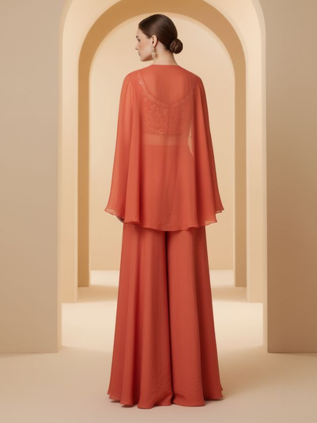 Orange Embellished Palazzo Suit with Cape