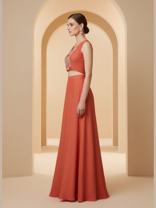 Orange Embellished Palazzo Suit with Cape