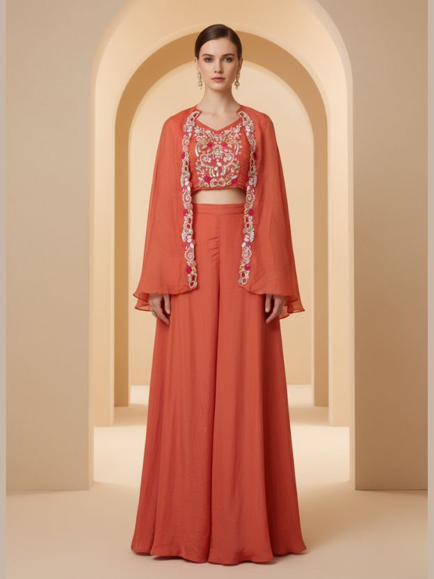 Orange Embellished Palazzo Suit with Cape