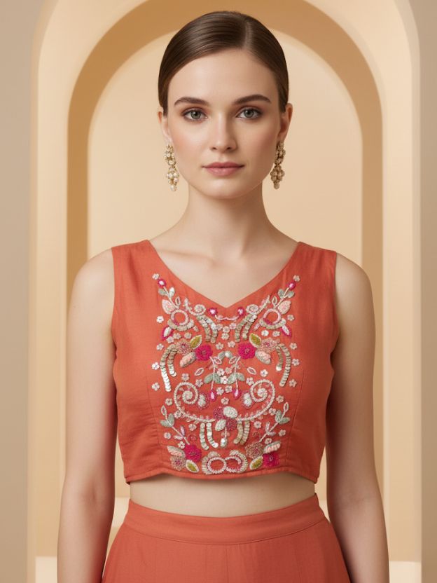 Orange Embellished Palazzo Suit with Cape