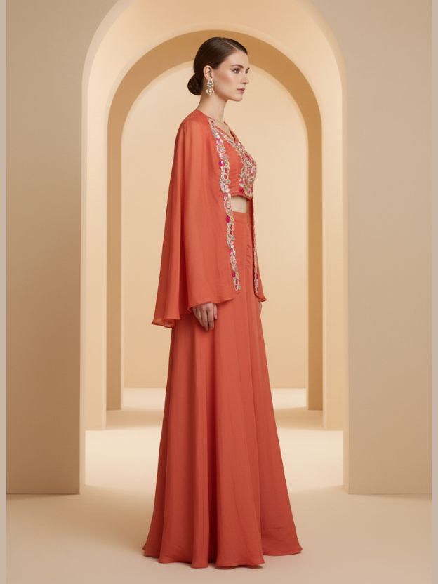 Orange Embellished Palazzo Suit with Cape