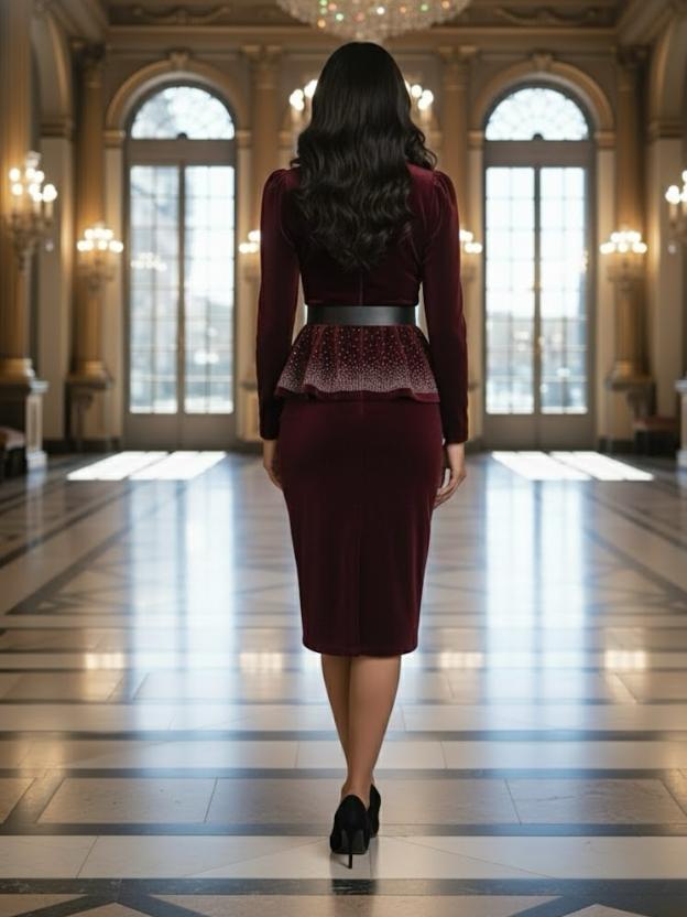 Women's Maroon Velvet Peplum Midi Dress