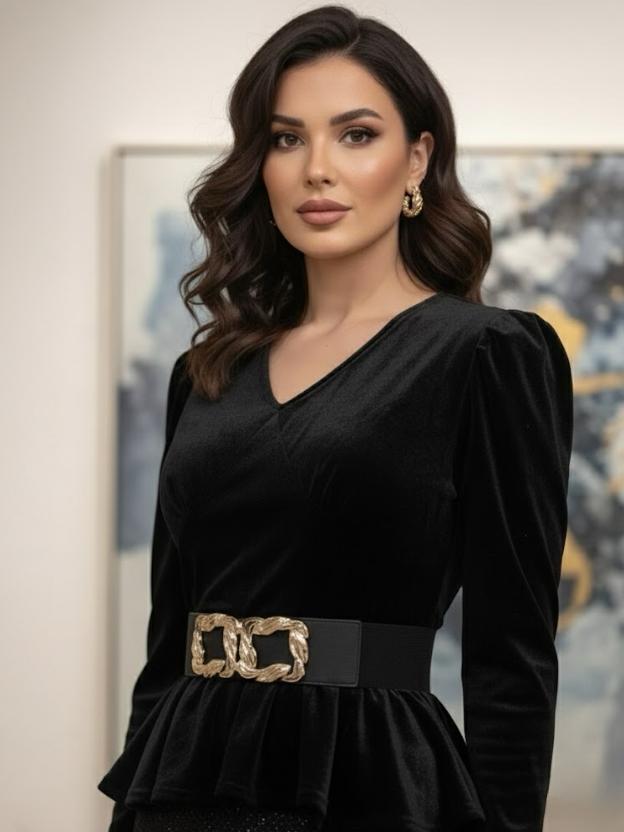 Elegant V-Neck Velvet Top Midi Dress