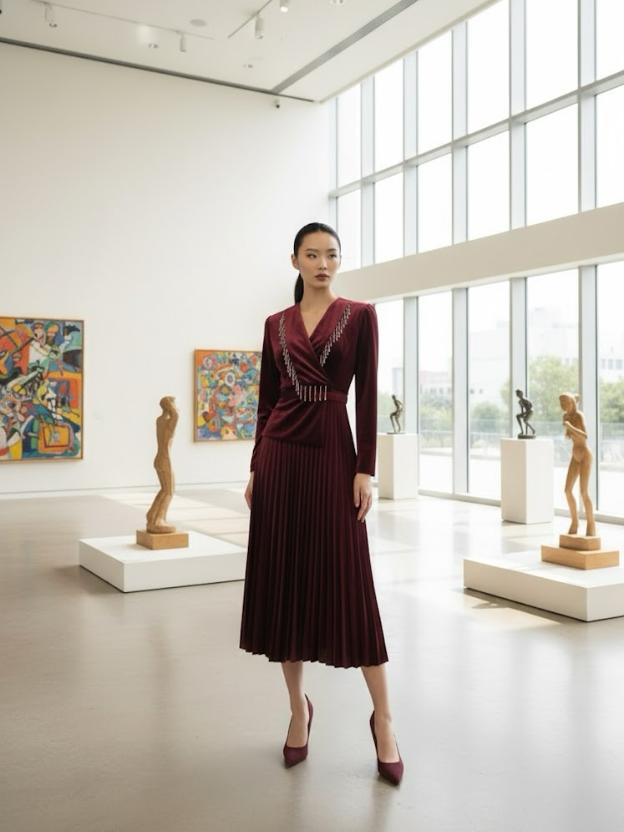 Women's Wine Velvet Pleated Midi Dress