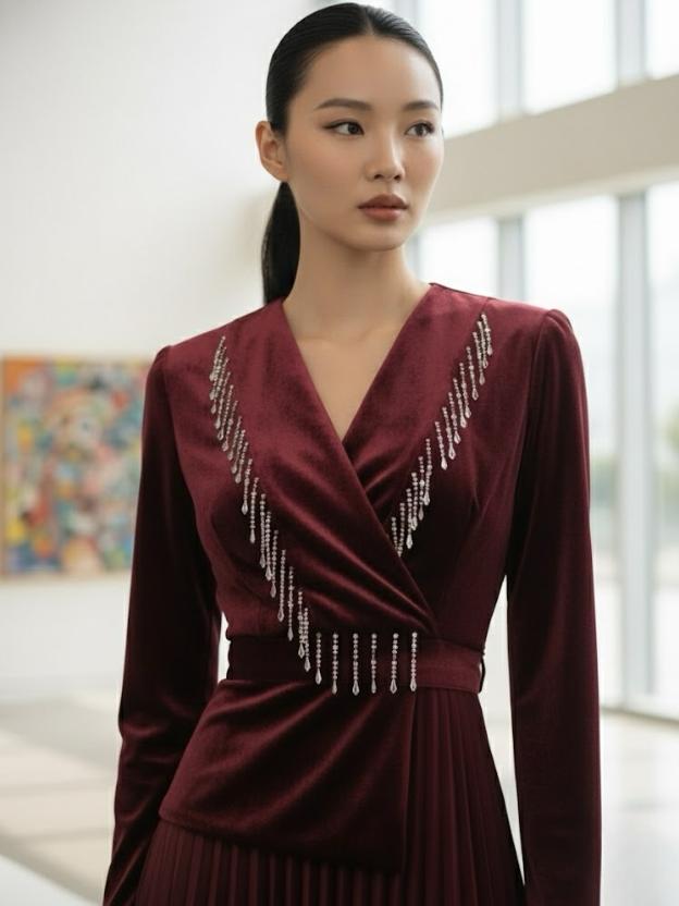 Women's Wine Velvet Pleated Midi Dress