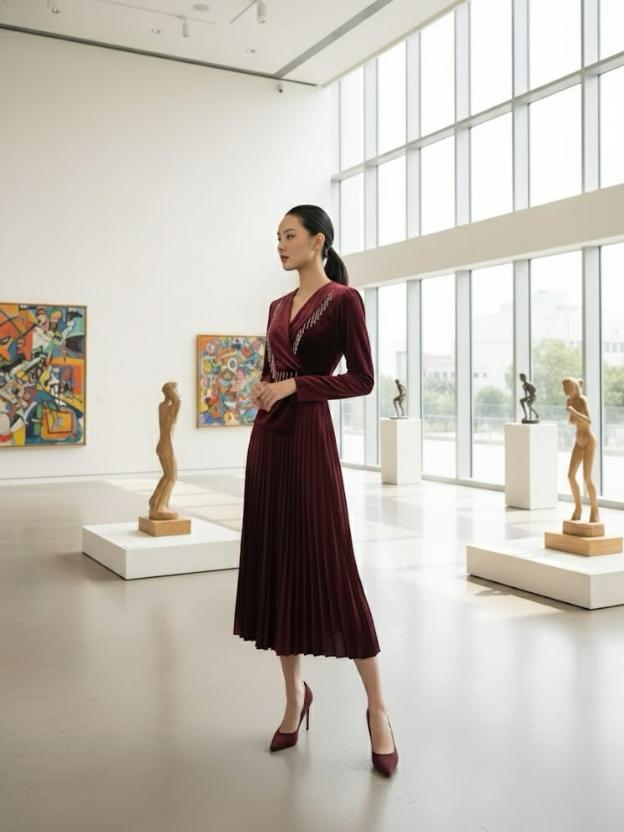 Women's Wine Velvet Pleated Midi Dress