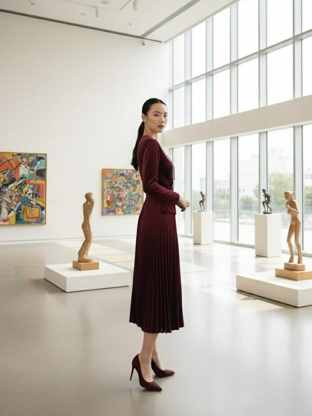 Women's Wine Velvet Pleated Midi Dress