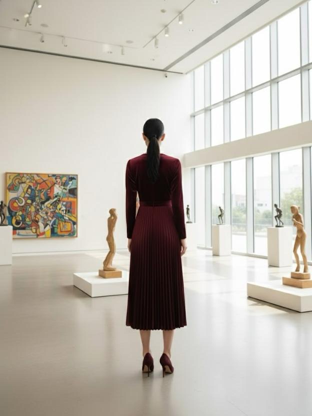 Women's Wine Velvet Pleated Midi Dress