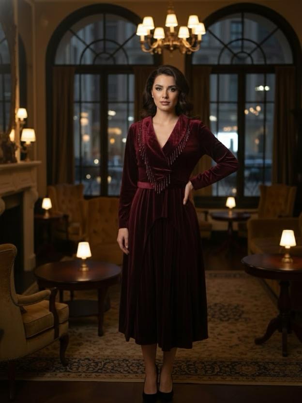 Wine Velvet Embellished Midi Dress