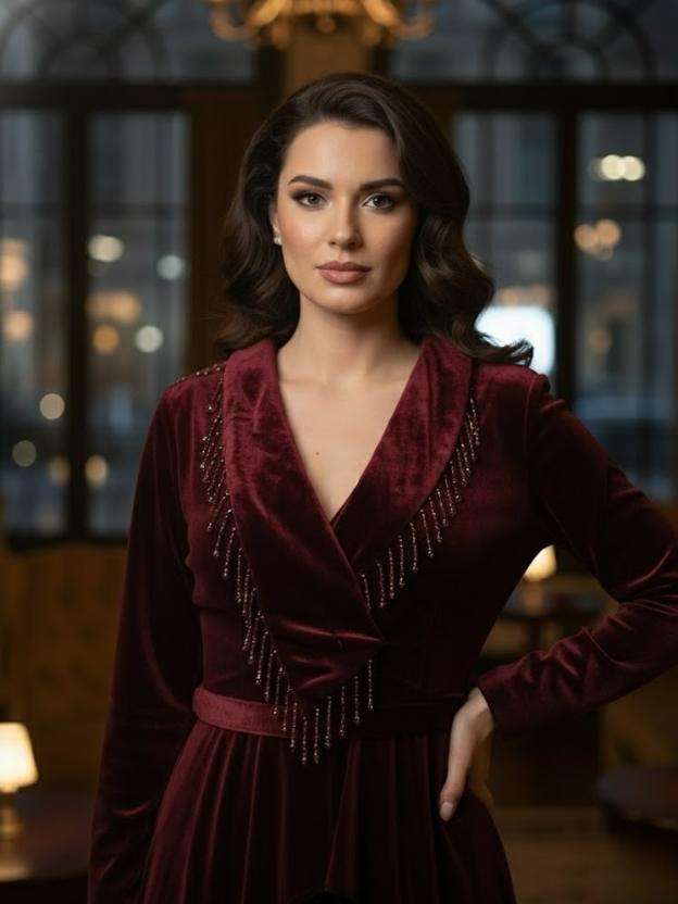 Wine Velvet Embellished Midi Dress