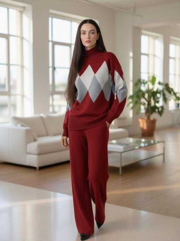 Argyle Knit Sweater & Wide-Leg Trouser Set