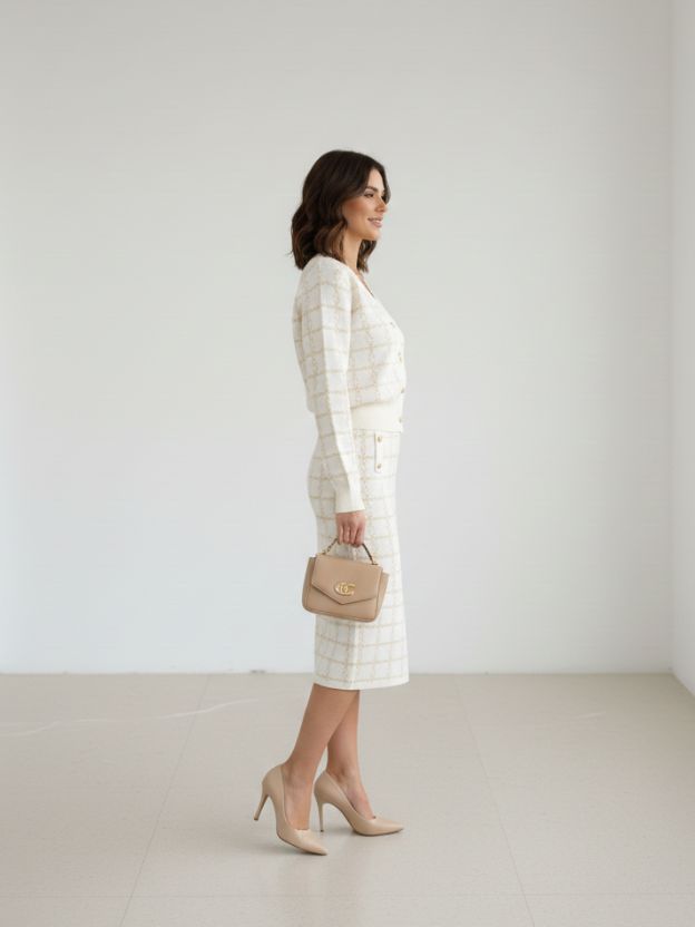 Classic V-Neck Cardigan and Pencil Skirt Duo