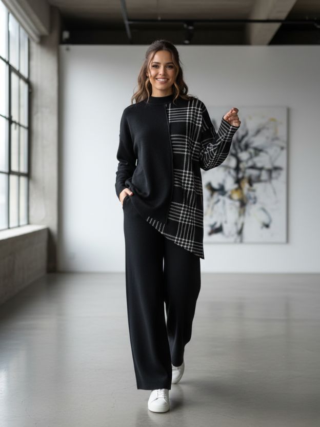 Geometric Color-Block Knit Top and Trouser co ord set