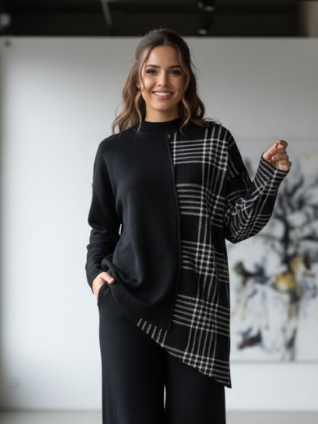 Geometric Color-Block Knit Top and Trouser co ord set