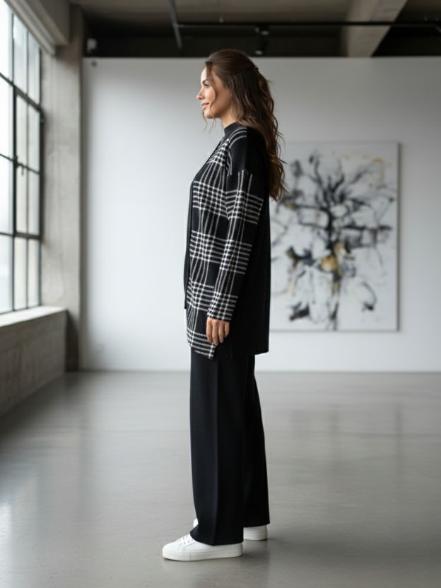 Geometric Color-Block Knit Top and Trouser co ord set