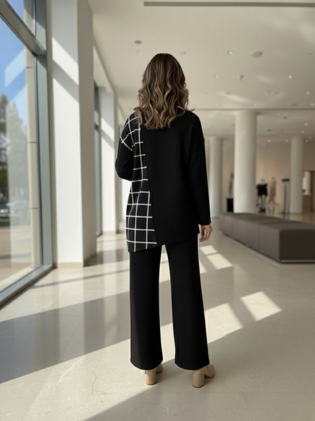 Geometric Color-Block Knit Top and Trouser co ord set