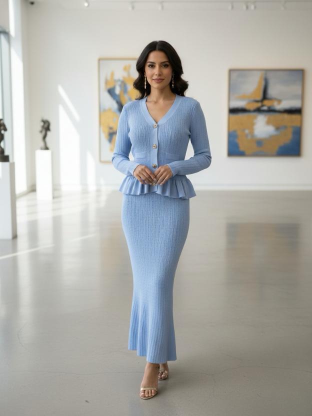 Ribbed Knit Peplum Top with Matching Maxi Skirt
