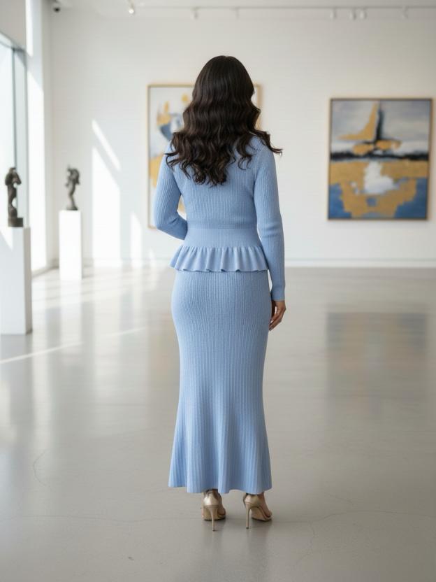 Ribbed Knit Peplum Top with Matching Maxi Skirt