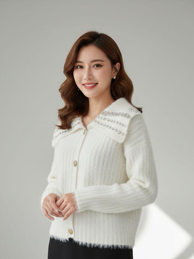 Embellished Collar Knit Top – Women’s Winter Cardigan Sweater