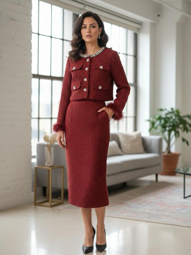 Stylish Maroon Jacket Top with Midi Skirt | Women Co-Ord Set