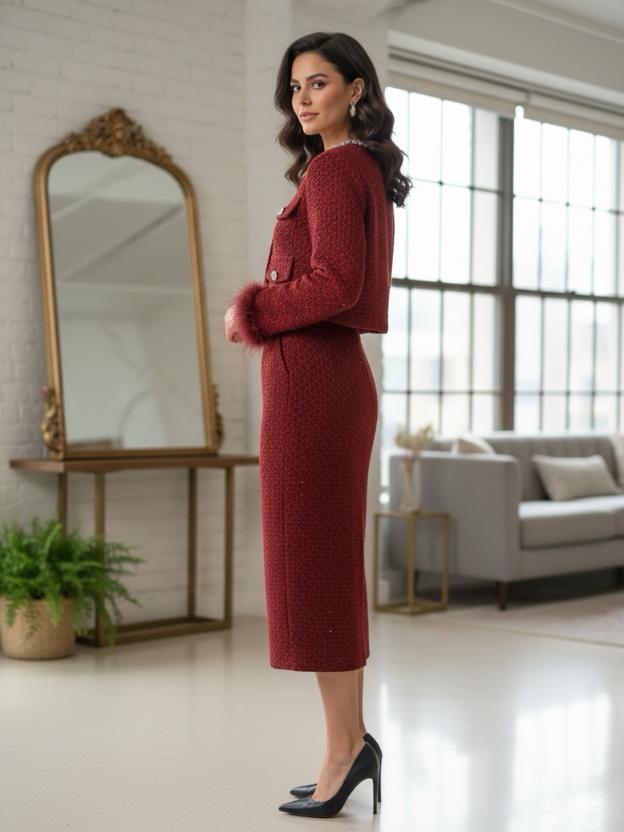 Stylish Maroon Jacket Top with Midi Skirt | Women Co-Ord Set