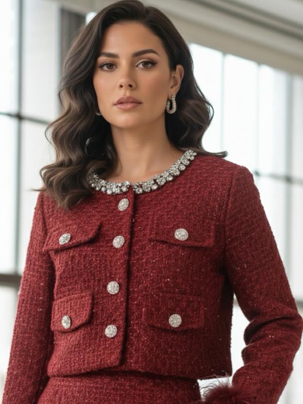 Stylish Maroon Jacket Top with Midi Skirt | Women Co-Ord Set