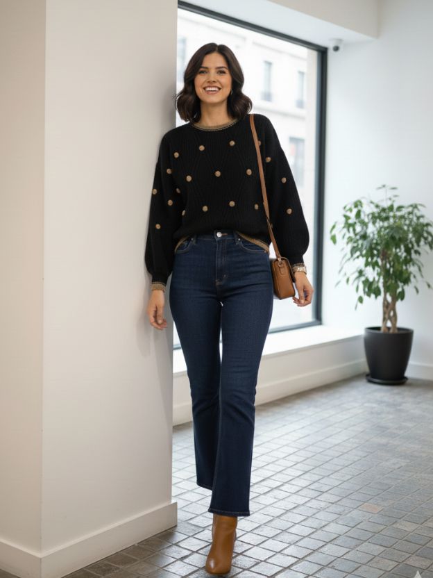 Textured Black Knit Top for Women | Trendy Western Long Sleeve Top