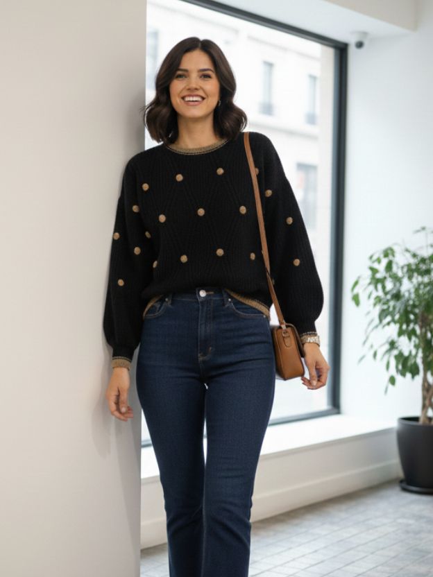 Textured Black Knit Top for Women | Trendy Western Long Sleeve Top