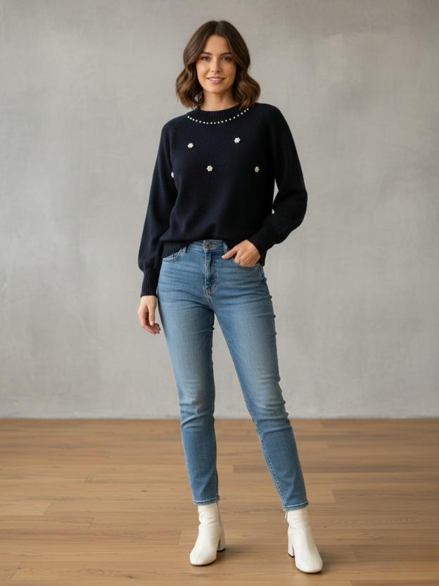 Elegant Women’s Sweater | Soft Knit Pearl Design Casual Winter Wear