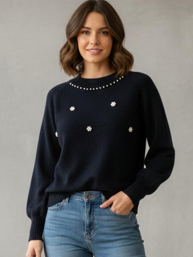 Elegant Women’s Sweater | Soft Knit Pearl Design Casual Winter Wear