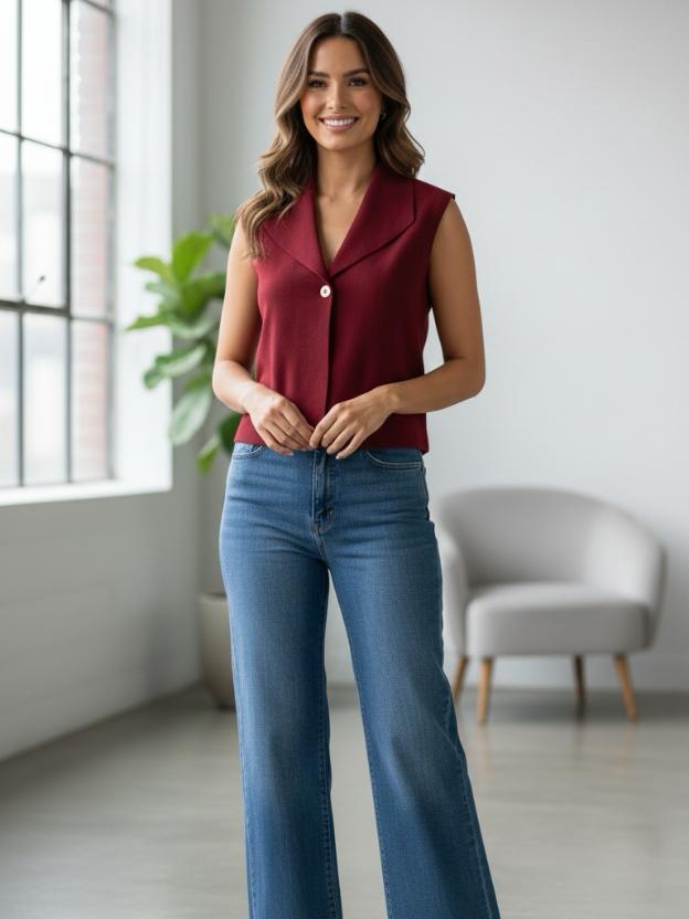 Stylish Maroon V-Neck Sleeveless Top for Women | Smart Casual Wear