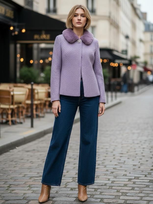 Lavender Textured Winter Blazer with Faux Fur Collar for Women