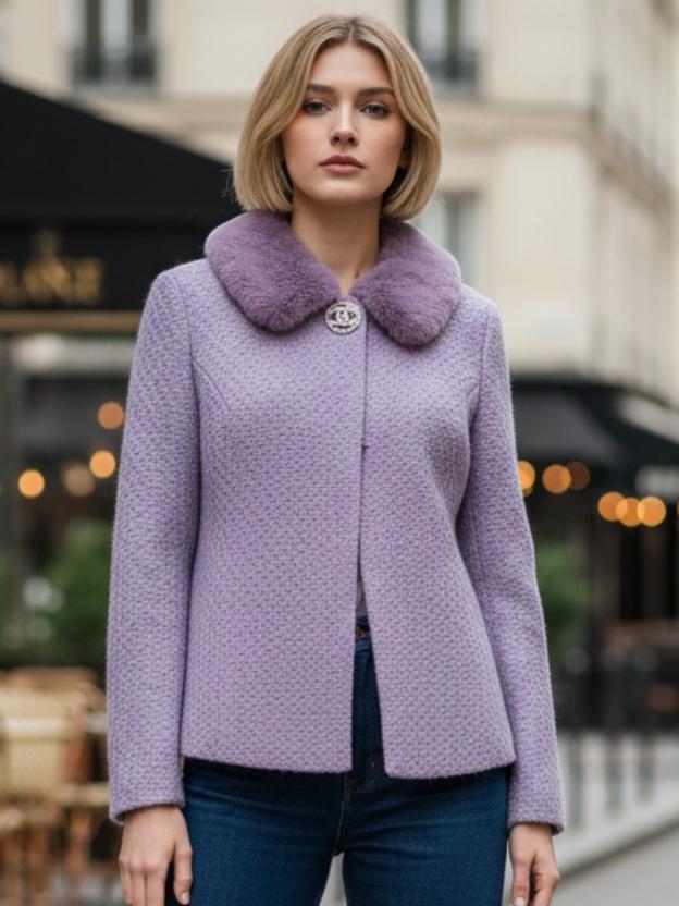 Lavender Textured Winter Blazer with Faux Fur Collar for Women