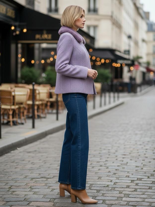 Lavender Textured Winter Blazer with Faux Fur Collar for Women