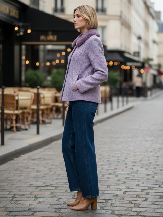 Lavender Textured Winter Blazer with Faux Fur Collar for Women