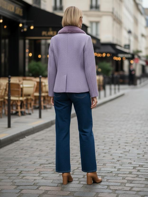 Lavender Textured Winter Blazer with Faux Fur Collar for Women