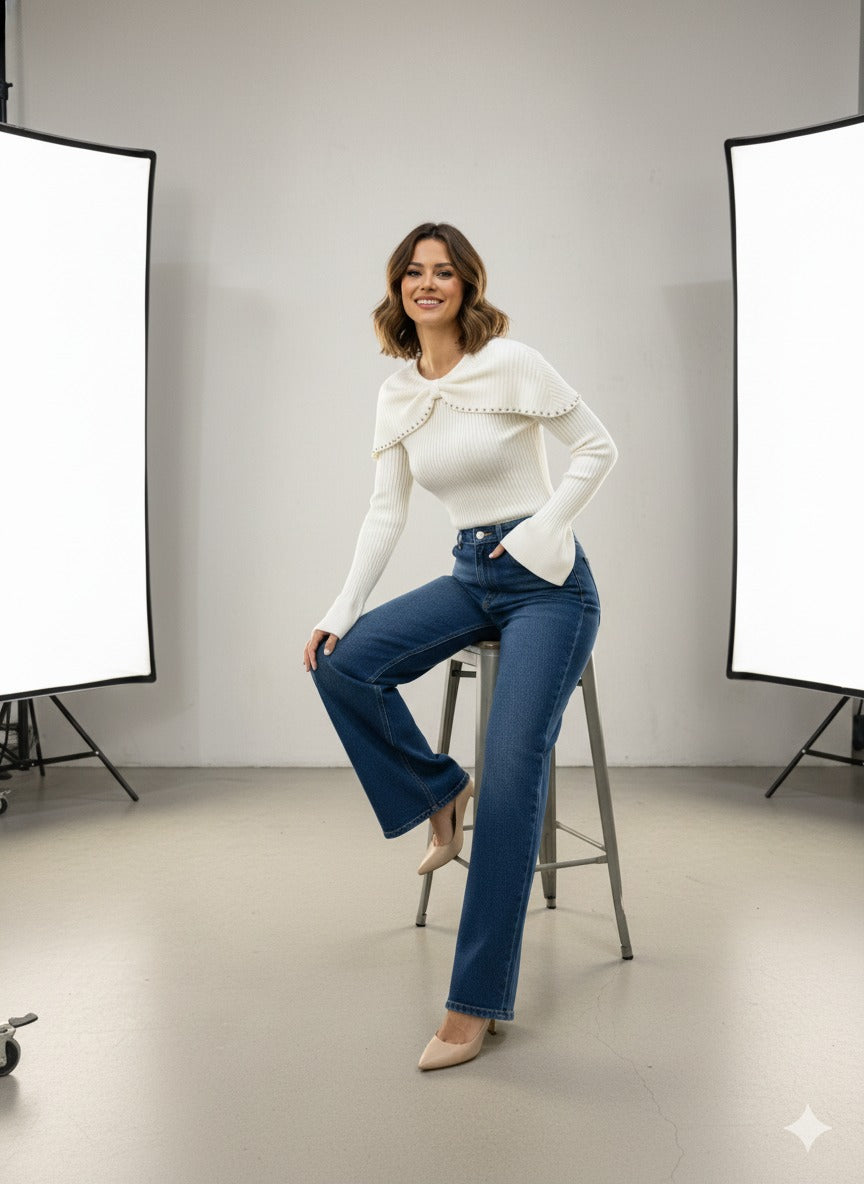 White Ribbed Knit Top with Cape Detail for Women | Stylish Winter Top