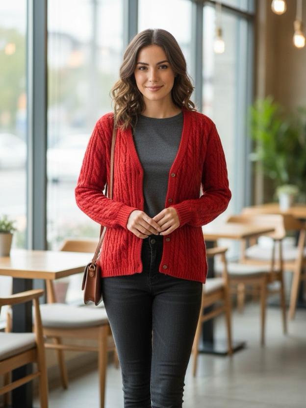 Classic Red Knit Cardigan Top with Buttons | Casual Winter Top