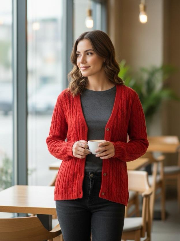 Classic Red Knit Cardigan Top with Buttons | Casual Winter Top
